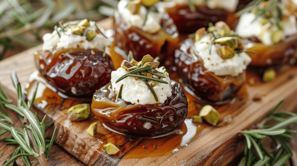 A delectable assortment of fresh, juicy dates stuffed with creamy goat cheese, arranged on a rustic wooden board. Soft lighting casts a warm glow, highlighting the natural sweetness and vibrant colors of the ingredients. In the background, a lush, verdant foliage provides a serene, earthy backdrop, conveying the healthful, nourishing qualities of this appetizing treat. The scene evokes a sense of balance, where indulgence meets nutritional benefits, pleasing both the palate and the senses. Goat cheese stuffed dates information