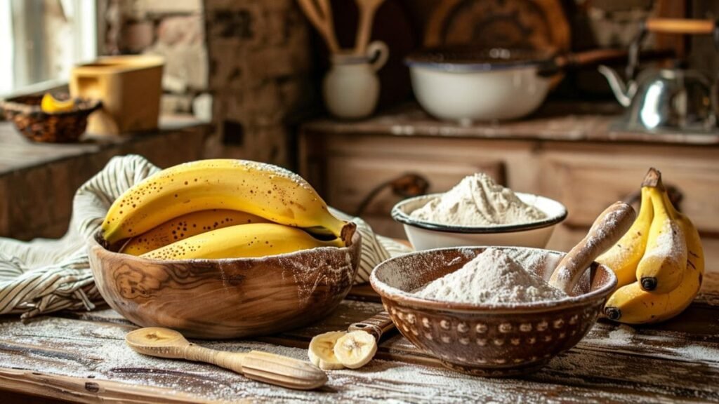 Ripe bananas in a wooden bowl and flour on a rustic kitchen counter, preparation for banana bread