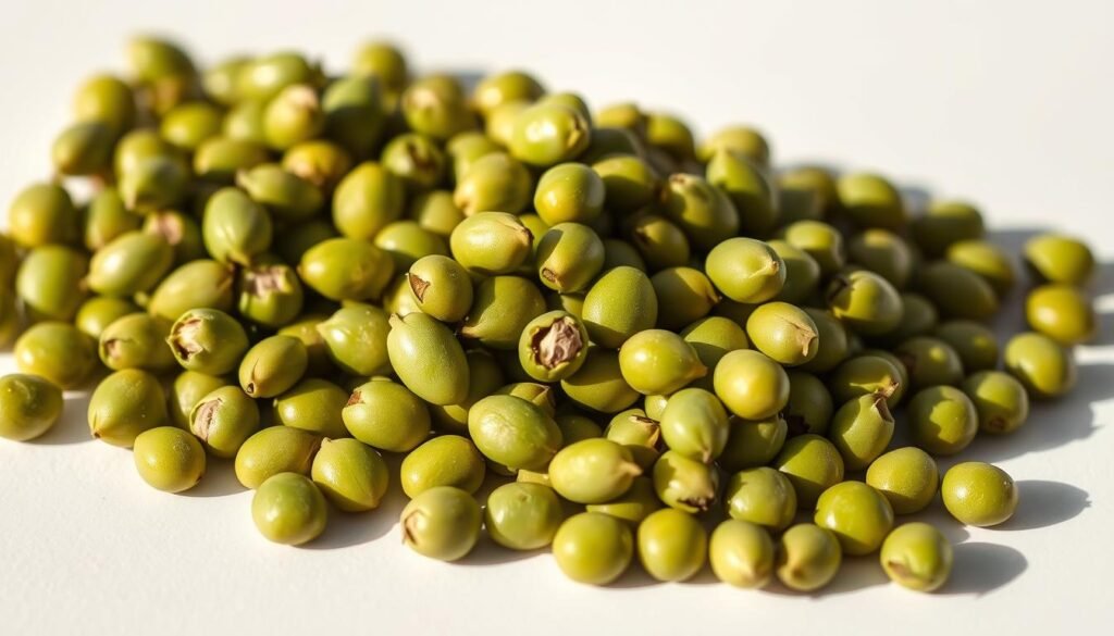 Mung beans, their vibrant green hue captured in close-up detail, resting on a plain white background. Warm, natural lighting casts gentle shadows, highlighting the smooth, glistening surface and the delicate, almost translucent skin of the individual beans. The composition is clean and minimalist, allowing the beans to take center stage, their organic shapes and textures the sole focus. This image conveys the simple, pure essence of this versatile legume, a key ingredient in the plant-based "Just Egg" product.