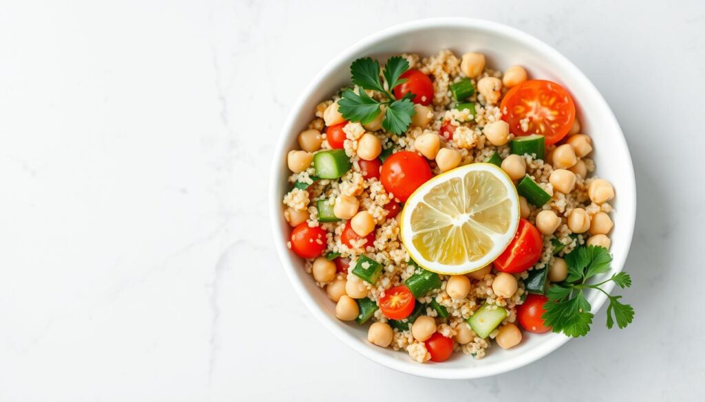 Quinoa chickpea salad in a rustic ceramic bowl, garnished with fresh parsley, lemon wedges, and a drizzle of olive oil. The quinoa and chickpeas are neatly arranged, creating a visually appealing and texturally diverse composition. The salad is illuminated by soft, natural lighting, casting gentle shadows and highlighting the vibrant colors of the ingredients. The background is a simple, uncluttered surface, allowing the salad to be the focal point. The overall scene conveys a sense of freshness, healthiness, and culinary sophistication. Quinoa chickpea salad