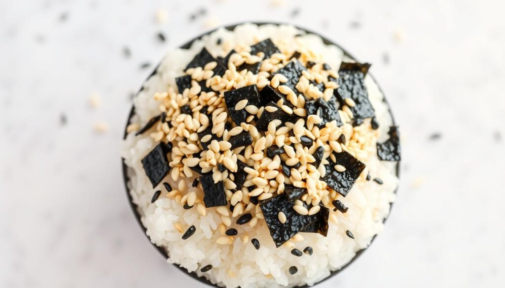 Sesame seeds nori, a crunchy and flavorful topping, sprinkling the surface of a sushi bowl. Arrange them in an alluring pattern, with varying shades of black, white, and golden hues. Capture the subtle sheen of the nori sheets, their crisp texture contrasting with the soft, delicate sushi rice beneath. Highlight the interplay of light and shadow, creating depth and dimension. Set against a neutral, minimalist background that allows the nori to take center stage, evoking a sense of elegant simplicity. Convey a mood of freshness, crispness, and the satisfying textural experience that these toppings provide. Sesame seeds nori, a crunchy and flavorful topping, sprinkling the surface of a sushi bowl. Arrange them in an alluring pattern, with varying shades of black, white, and golden hues. Capture the subtle sheen of the nori sheets, their crisp texture contrasting with the soft, delicate sushi rice beneath. Highlight the interplay of light and shadow, creating depth and dimension. Set against a neutral, minimalist background that allows the nori to take center stage, evoking a sense of elegant simplicity. Convey a mood of freshness, crispness, and the satisfying textural experience that these toppings provide.