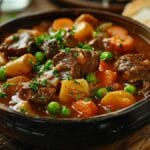 Hearty slow cooker beef stew with tender beef, carrots, potatoes, onions, and peas in a rich glossy sauce, served hot and steaming.