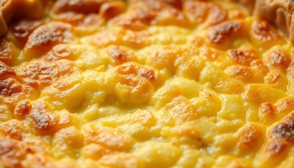 A beautifully golden-brown quiche crust, crisp and flaky, sitting atop a light, fluffy custard filling. The crust gleams under warm, directional lighting, highlighting its delicate layers and perfect bake. The center is firm yet creamy, without a hint of sogginess. Minimal garnishes allow the quiche's natural elegance to shine. The scene is captured from a close, eye-level angle, emphasizing the rich texture and inviting aroma. An appetizing, sophisticated brunch centerpiece.