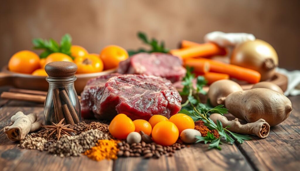 A beautifully lit, high-resolution photograph showcasing the essential ingredients for a classic beef tagine with apricots. In the foreground, an assortment of aromatic spices including cumin, coriander, cinnamon, and ginger are neatly arranged on a rustic wooden surface. In the middle ground, tender beef chuck, bright orange apricots, and vibrant vegetables like onions, carrots, and potatoes are displayed. The background features a neutral, warm-toned backdrop, creating a cozy, inviting atmosphere. The lighting is soft and natural, accentuating the rich colors and textures of the ingredients. The overall composition is balanced and visually appealing, perfectly capturing the essence of this traditional Moroccan dish. A beautifully lit, high-resolution photograph showcasing the essential ingredients for a classic beef tagine with apricots. In the foreground, an assortment of aromatic spices including cumin, coriander, cinnamon, and ginger are neatly arranged on a rustic wooden surface. In the middle ground, tender beef chuck, bright orange apricots, and vibrant vegetables like onions, carrots, and potatoes are displayed. The background features a neutral, warm-toned backdrop, creating a cozy, inviting atmosphere. The lighting is soft and natural, accentuating the rich colors and textures of the ingredients. The overall composition is balanced and visually appealing, perfectly capturing the essence of this traditional Moroccan dish.