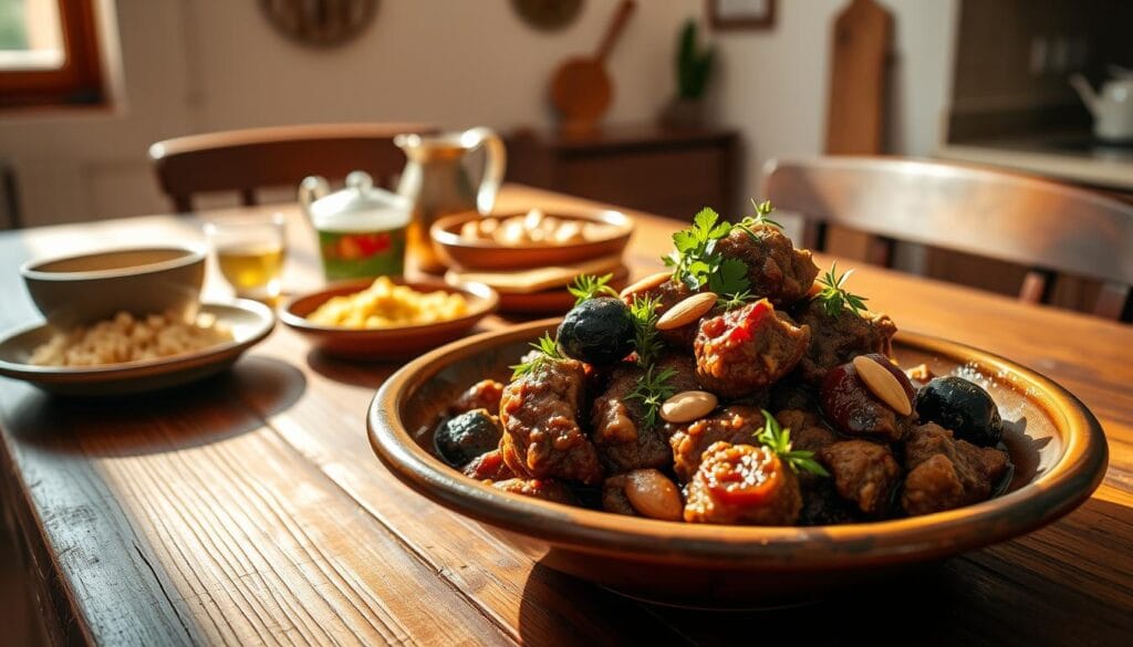 A beautifully plated lamb tagine dish set against a rustic wooden table, with a shallow bowl or tagine vessel prominently in the foreground. Garnished with vibrant green herbs, toasted almonds, and plump prunes, the tagine is lit by warm, natural lighting from a window or overhead source, casting gentle shadows. The middle ground features a selection of Moroccan-inspired accompaniments like couscous, flatbread, and a carafe of mint tea. The background hints at a modest, yet elegant dining space, with simple wall decor and perhaps a glimpse of a kitchen counter. The overall scene evokes a sense of comfort, hospitality, and the alluring aroma of the slowly simmered tagine.