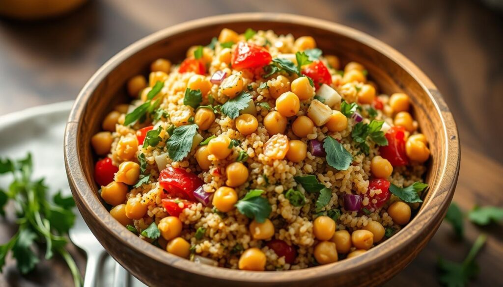 A bountiful quinoa salad overflows with vibrant chickpeas, crisp veggies, and fresh herbs in a rustic wooden bowl. Soft lighting casts a warm glow, highlighting the dish's appealing textures and colors. The salad's ingredients are artfully arranged, creating an inviting, appetizing scene that captures the essence of a simple yet flavorful homemade meal. The camera's angle showcases the salad's depth and volume, drawing the viewer in to explore the various components. This image embodies the comforting, healthy nature of the "Quinoa Salad with Chickpeas" recipe, setting the stage for the step-by-step instructions to follow. A bountiful quinoa salad overflows with vibrant chickpeas, crisp veggies, and fresh herbs in a rustic wooden bowl. Soft lighting casts a warm glow, highlighting the dish's appealing textures and colors. The salad's ingredients are artfully arranged, creating an inviting, appetizing scene that captures the essence of a simple yet flavorful homemade meal. The camera's angle showcases the salad's depth and volume, drawing the viewer in to explore the various components. This image embodies the comforting, healthy nature of the "Quinoa Salad with Chickpeas" recipe, setting the stage for the step-by-step instructions to follow.