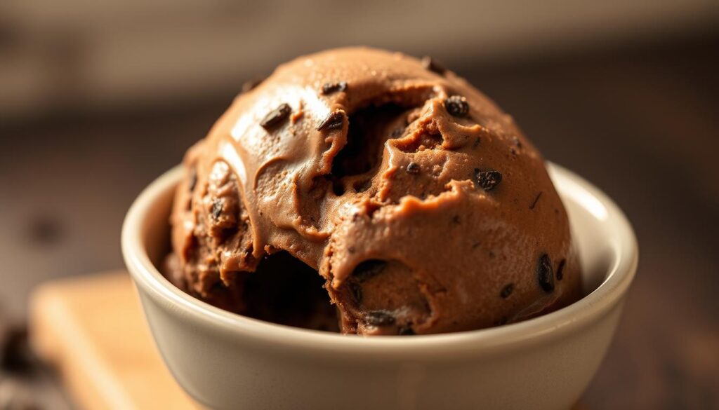 A close-up, beautifully lit shot of freshly churned homemade chocolate ice cream, its rich, velvety texture glistening under a warm, golden glow. The ice cream is scooped into a sleek, minimalist ceramic bowl, its deep brown color highlighted by subtle shadows and highlights. The surface is smooth and inviting, with small flecks of dark chocolate scattered throughout, hinting at the decadent flavor. The background is softly blurred, allowing the ice cream to be the star of the scene, conveying a sense of artisanal craftsmanship and culinary expertise. The overall mood is one of indulgence, luxury, and the satisfaction of a homemade, high-quality dessert. A close-up, beautifully lit shot of freshly churned homemade chocolate ice cream, its rich, velvety texture glistening under a warm, golden glow. The ice cream is scooped into a sleek, minimalist ceramic bowl, its deep brown color highlighted by subtle shadows and highlights. The surface is smooth and inviting, with small flecks of dark chocolate scattered throughout, hinting at the decadent flavor. The background is softly blurred, allowing the ice cream to be the star of the scene, conveying a sense of artisanal craftsmanship and culinary expertise. The overall mood is one of indulgence, luxury, and the satisfaction of a homemade, high-quality dessert.