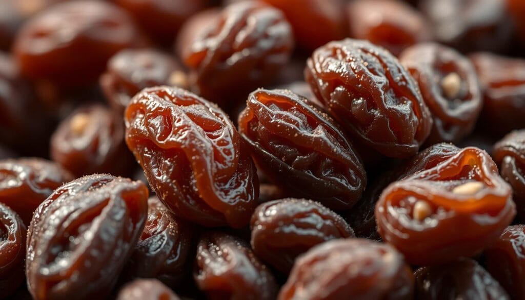 A close-up photograph of a handful of plump, juicy raisins, their deep brown wrinkles glistening with a light dusting of natural sugar. The raisins are arranged in the foreground, with a soft, blurred background, creating a sense of focus and emphasizing the textural details. The lighting is warm and natural, casting gentle shadows that accentuate the raisins' unique shapes and contours. The image is captured with a macro lens, allowing the viewer to appreciate the intricate details and rich color tones of these dried grapes, which can be used as a flavorful addition to a vegetable tagine or other culinary creations. A close-up photograph of a handful of plump, juicy raisins, their deep brown wrinkles glistening with a light dusting of natural sugar. The raisins are arranged in the foreground, with a soft, blurred background, creating a sense of focus and emphasizing the textural details. The lighting is warm and natural, casting gentle shadows that accentuate the raisins' unique shapes and contours. The image is captured with a macro lens, allowing the viewer to appreciate the intricate details and rich color tones of these dried grapes, which can be used as a flavorful addition to a vegetable tagine or other culinary creations.