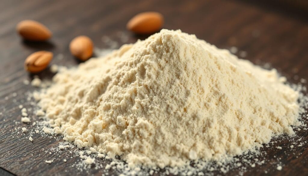 A close-up shot of a mound of finely ground almond flour, its light beige hue contrasting with the dark wooden surface. The flour appears soft and airy, with a slightly coarse texture visible. Gentle side lighting casts warm shadows, accentuating the delicate nature of the ingredient. In the background, a few whole almonds are scattered, hinting at the natural source of this low-carb baking staple. The overall composition suggests the versatility and healthfulness of almond flour, positioning it as a desirable alternative for diabetic-friendly pancakes.