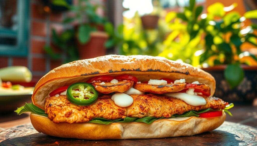 A delectable Mexican chicken torta, overflowing with flavorful ingredients. In the foreground, a juicy, golden-brown chicken breast sizzles under warm, buttery light. Nestled between soft, pillowy brioche buns, vibrant layers of avocado, jalapeño, and tangy queso fresco create a visually stunning and texturally diverse composition. In the background, a vibrant, sun-drenched scene captures the essence of traditional Mexican cuisine - terracotta tiles, lush foliage, and a hint of rustic, weathered charm. The overall atmosphere is one of mouthwatering authenticity, capturing the irresistible "sabor" that makes this dish a true celebration of Mexican culinary mastery.