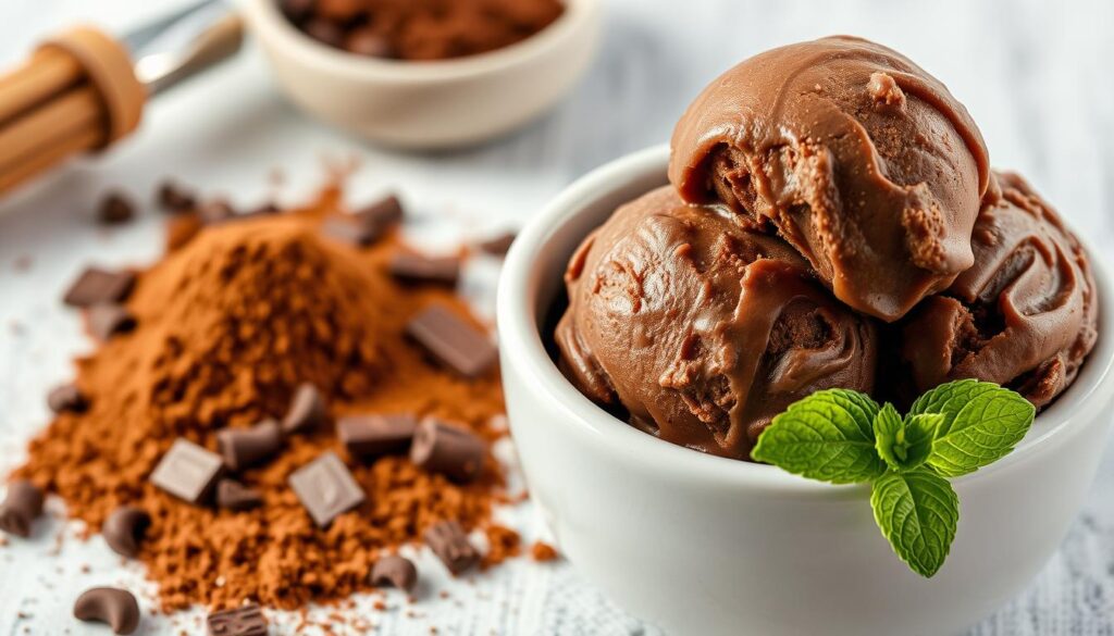A delectable close-up of a freshly scooped chocolate ice cream, its rich, dark brown color glistening under warm lighting. The ice cream sits atop a plain white ceramic bowl, the creamy texture evident in the soft peaks and swirls. Surrounding the bowl, an arrangement of essential ingredients - cocoa powder, chocolate shavings, and a sprig of fresh mint, hinting at the recipe's components. The composition is balanced, with a slightly blurred background suggesting a clean, minimal kitchen setting, allowing the ice cream to be the undisputed star of the scene. A delectable close-up of a freshly scooped chocolate ice cream, its rich, dark brown color glistening under warm lighting. The ice cream sits atop a plain white ceramic bowl, the creamy texture evident in the soft peaks and swirls. Surrounding the bowl, an arrangement of essential ingredients - cocoa powder, chocolate shavings, and a sprig of fresh mint, hinting at the recipe's components. The composition is balanced, with a slightly blurred background suggesting a clean, minimal kitchen setting, allowing the ice cream to be the undisputed star of the scene.