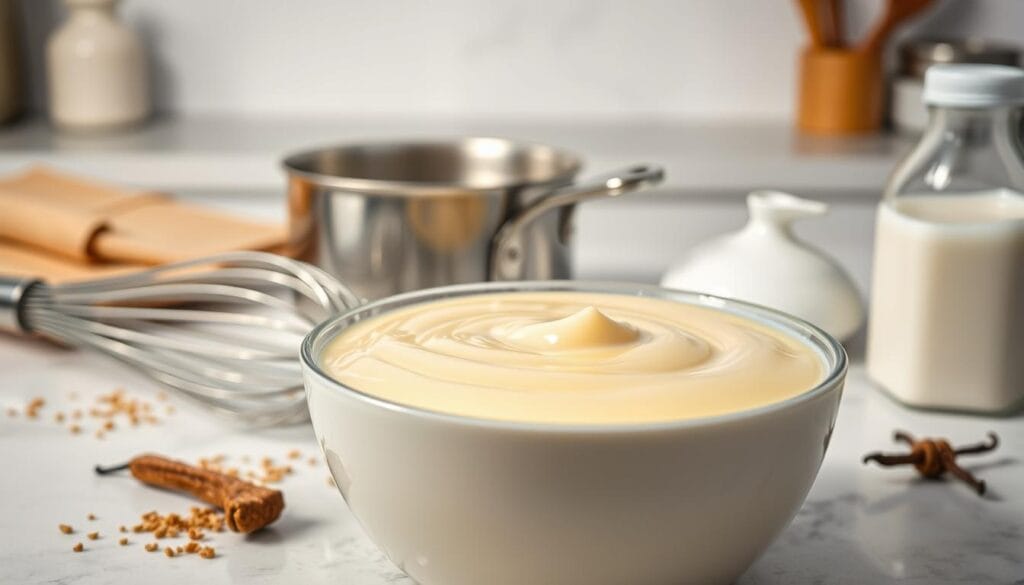 A delicately lit still life showcasing the key elements of perfect pudding. In the foreground, a bowl of silky smooth, creamy vanilla pudding, its surface glistening with a hint of sheen. Surrounding it, an arrangement of kitchen tools and ingredients - a whisk, a saucepan, a carton of milk, a vanilla bean pod, and a sprinkle of nutmeg. The middle ground features a soft, blurred backdrop of a clean, pristine kitchen countertop, highlighting the pudding and its accoutrements. The lighting is soft and diffused, creating a cozy, inviting atmosphere that evokes the comforting qualities of homemade pudding. The overall composition conveys a sense of expertise and confidence in the art of pudding making. A delicately lit still life showcasing the key elements of perfect pudding. In the foreground, a bowl of silky smooth, creamy vanilla pudding, its surface glistening with a hint of sheen. Surrounding it, an arrangement of kitchen tools and ingredients - a whisk, a saucepan, a carton of milk, a vanilla bean pod, and a sprinkle of nutmeg. The middle ground features a soft, blurred backdrop of a clean, pristine kitchen countertop, highlighting the pudding and its accoutrements. The lighting is soft and diffused, creating a cozy, inviting atmosphere that evokes the comforting qualities of homemade pudding. The overall composition conveys a sense of expertise and confidence in the art of pudding making.