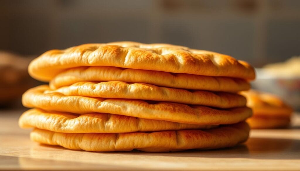 A freshly baked stack of masa teleras, their golden crusts glistening under warm, natural lighting. The foreground showcases the teleras' signature oblong shape and pronounced ridges, inviting the viewer to imagine their pillowy soft interiors. In the middle ground, a subtle reflection on a smooth surface adds depth and dimensionality. The background is softly blurred, allowing the teleras to be the central focus, evoking the comforting aroma of freshly baked Mexican bread.