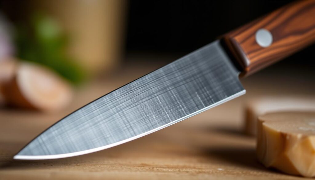 A high-quality close-up photograph of a chef's knife, capturing the intricate details of the blade. The blade is made of stainless steel, with a shiny, razor-sharp edge that glints under the soft, diffused lighting. The handle is crafted from a rich, dark wood, with a subtle grain pattern that adds texture to the image. The knife is positioned at a slight angle, revealing the full length of the blade and the precise taper from the spine to the tip. The background is blurred, creating a sense of depth and focus on the blade's specifications. The overall mood is one of precision, craftsmanship, and the tools of the culinary trade. A high-quality close-up photograph of a chef's knife, capturing the intricate details of the blade. The blade is made of stainless steel, with a shiny, razor-sharp edge that glints under the soft, diffused lighting. The handle is crafted from a rich, dark wood, with a subtle grain pattern that adds texture to the image. The knife is positioned at a slight angle, revealing the full length of the blade and the precise taper from the spine to the tip. The background is blurred, creating a sense of depth and focus on the blade's specifications. The overall mood is one of precision, craftsmanship, and the tools of the culinary trade.