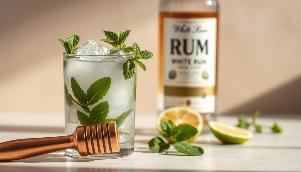 A minimalist glass filled with crushed ice, mint leaves, and lime wedges. In the foreground, a copper muddler rests against the glass, hinting at the process of crafting the perfect mojito. The middle ground features a bottle of white rum, its label prominent, as well as a sprig of fresh mint and a slice of lime. The background is a soft, blurred gradient, creating a sense of depth and focus on the central elements. The lighting is natural and warm, casting gentle shadows and highlights that emphasize the textures and colors of the ingredients. The overall mood is refreshing, inviting, and celebration of the classic mojito cocktail. A minimalist glass filled with crushed ice, mint leaves, and lime wedges. In the foreground, a copper muddler rests against the glass, hinting at the process of crafting the perfect mojito. The middle ground features a bottle of white rum, its label prominent, as well as a sprig of fresh mint and a slice of lime. The background is a soft, blurred gradient, creating a sense of depth and focus on the central elements. The lighting is natural and warm, casting gentle shadows and highlights that emphasize the textures and colors of the ingredients. The overall mood is refreshing, inviting, and celebration of the classic mojito cocktail.