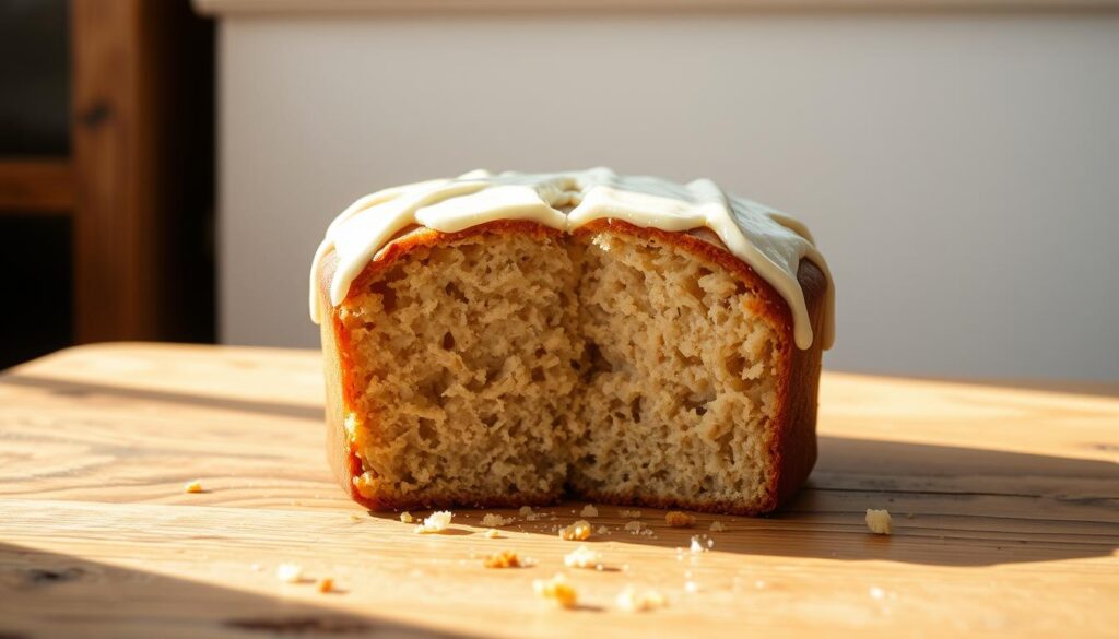 A moist, golden-brown banana cake sits center frame, its crumb light and fluffy. Sliced in half, revealing a soft interior studded with visible banana pieces. Drizzled with a glistening cream cheese frosting, the top lightly textured. Gentle afternoon lighting filters through a window, casting a warm, inviting glow. The cake is placed on a rustic wooden table, a few crumbs scattered around. In the background, a simple white wall provides a clean, minimalist backdrop, allowing the cake to be the star of the scene. A moist, golden-brown banana cake sits center frame, its crumb light and fluffy. Sliced in half, revealing a soft interior studded with visible banana pieces. Drizzled with a glistening cream cheese frosting, the top lightly textured. Gentle afternoon lighting filters through a window, casting a warm, inviting glow. The cake is placed on a rustic wooden table, a few crumbs scattered around. In the background, a simple white wall provides a clean, minimalist backdrop, allowing the cake to be the star of the scene.