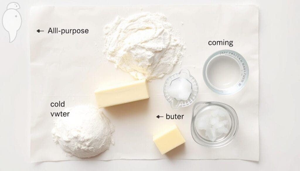 A neatly arranged sheet of puff pastry ingredients, including all-purpose flour, cold butter, salt, and ice water. The sheet is set against a clean, bright background, with soft, natural lighting highlighting the textures and colors of the ingredients. The composition is balanced, with the items positioned thoughtfully to showcase their shapes and sizes. The atmosphere conveys a sense of simplicity and culinary preparation, setting the stage for a classic quiche Lorraine baking session.