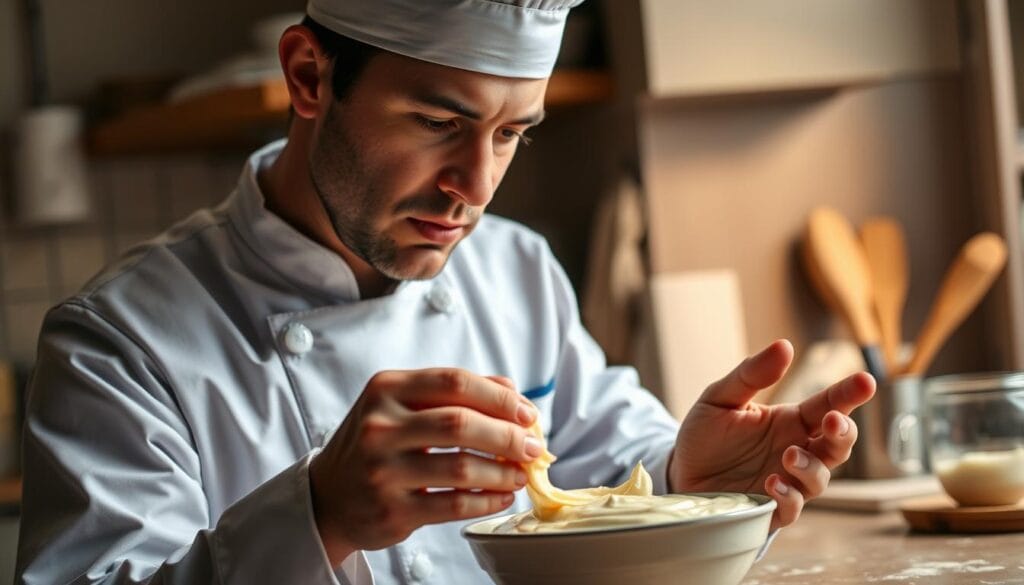 A professional chef scrutinizes a pancake batter, examining its consistency with a thoughtful expression. Soft, warm lighting illuminates the scene, casting subtle shadows that accentuate the textural details of the batter. The chef's hands gently swirl and prod the mixture, testing its thickness and smoothness. In the background, a kitchen counter with various baking implements and ingredients sets the stage for this process of troubleshooting the perfect pancake batter. The mood is one of focused attention and problem-solving, conveying the importance of getting the texture just right for a delicious, diabetic-friendly breakfast.