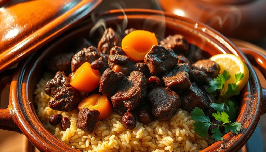 A sizzling beef tagine, its tender chunks seared to a deep caramel hue, nestled atop a bed of fragrant saffron-infused rice. Vibrant apricot halves and plump raisins peek out between the meat, their sweetness balancing the earthy spices. The tagine's earthenware vessel catches the warm glow of a softly lit kitchen, shadows dancing across its textured surface. Wisps of steam rise, carrying the aroma of cinnamon, cumin, and ginger. A wedge of lemon and a scattering of fresh cilantro leaves complete the scene, inviting the viewer to dive into this flavorful Moroccan delight. A sizzling beef tagine, its tender chunks seared to a deep caramel hue, nestled atop a bed of fragrant saffron-infused rice. Vibrant apricot halves and plump raisins peek out between the meat, their sweetness balancing the earthy spices. The tagine's earthenware vessel catches the warm glow of a softly lit kitchen, shadows dancing across its textured surface. Wisps of steam rise, carrying the aroma of cinnamon, cumin, and ginger. A wedge of lemon and a scattering of fresh cilantro leaves complete the scene, inviting the viewer to dive into this flavorful Moroccan delight.
