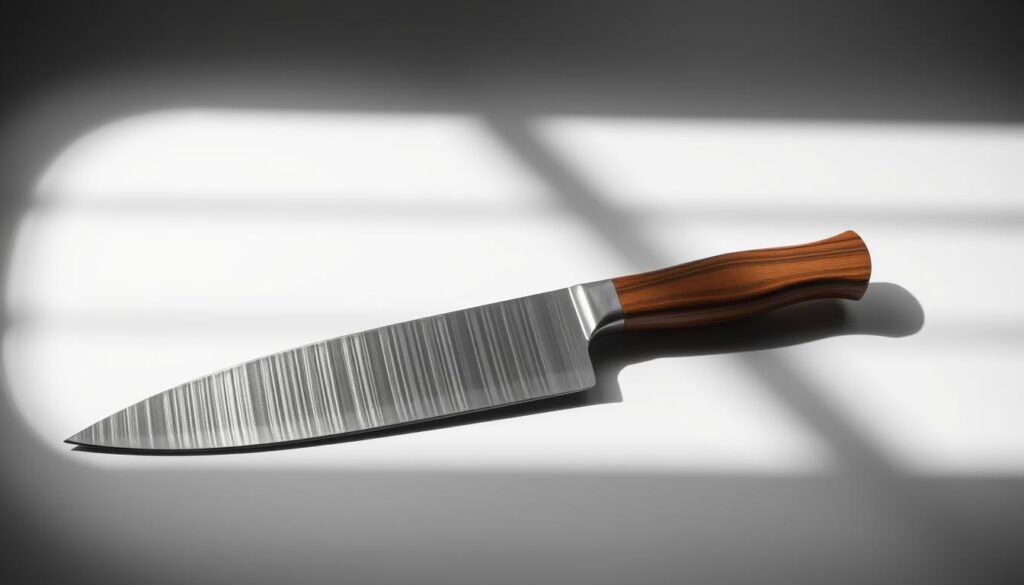 A sleek, style-forward chef's knife with a gleaming stainless steel blade, meticulously crafted with a razor-sharp edge. The handle is sculpted from premium hardwood, with a smooth, ergonomic design that fits comfortably in the hand. Dramatic overhead lighting casts dramatic shadows, highlighting the knife's clean lines and striking silhouette against a minimalist, monochrome background. This is a blade that not only performs beautifully in the kitchen, but also makes a bold, fashionable statement as a culinary tool and countertop accessory. A sleek, style-forward chef's knife with a gleaming stainless steel blade, meticulously crafted with a razor-sharp edge. The handle is sculpted from premium hardwood, with a smooth, ergonomic design that fits comfortably in the hand. Dramatic overhead lighting casts dramatic shadows, highlighting the knife's clean lines and striking silhouette against a minimalist, monochrome background. This is a blade that not only performs beautifully in the kitchen, but also makes a bold, fashionable statement as a culinary tool and countertop accessory.