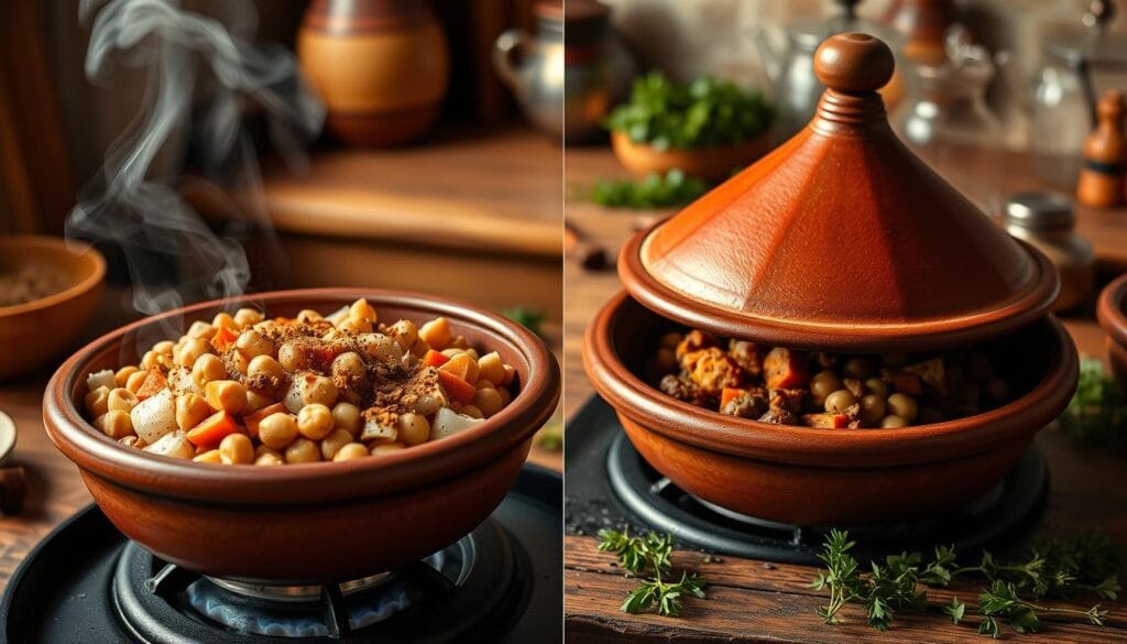 A step-by-step visual guide to creating a delectable vegetable tagine. In the foreground, chopped onions, carrots, and chickpeas sizzle in a clay tagine pot over a flickering flame. Aromatic spices like cumin, paprika, and cinnamon fill the air. In the middle ground, the tagine is carefully transferred to the oven, its domed lid trapping the flavors as it slowly braises. The background depicts a rustic kitchen counter, with a scatter of fresh herbs and a Moroccan tea set, setting the scene for an authentic North African cooking experience. Warm, earthy tones and soft, diffused lighting evoke a cozy, homemade atmosphere, inviting the viewer to imagine the satisfying aroma and flavors of this hearty, plant-based meal. A step-by-step visual guide to creating a delectable vegetable tagine. In the foreground, chopped onions, carrots, and chickpeas sizzle in a clay tagine pot over a flickering flame. Aromatic spices like cumin, paprika, and cinnamon fill the air. In the middle ground, the tagine is carefully transferred to the oven, its domed lid trapping the flavors as it slowly braises. The background depicts a rustic kitchen counter, with a scatter of fresh herbs and a Moroccan tea set, setting the scene for an authentic North African cooking experience. Warm, earthy tones and soft, diffused lighting evoke a cozy, homemade atmosphere, inviting the viewer to imagine the satisfying aroma and flavors of this hearty, plant-based meal.