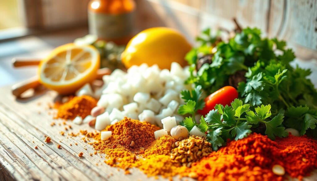 A vibrant arrangement of aromatic ingredients for a Moroccan fish tagine, bathed in warm, golden sunlight. In the foreground, a collection of spices including cumin, coriander, paprika, and turmeric, their vibrant colors contrasting against a rustic wooden surface. In the middle ground, a pile of chopped onions, garlic, and fresh cilantro, their verdant hues complementing the earthy tones. In the background, a whole preserved lemon and a selection of dried chermoula herbs, hinting at the complex flavors to come. The scene is captured with a shallow depth of field, creating a sense of focus and emphasizing the tantalizing aromas of this traditional Moroccan dish. A vibrant arrangement of aromatic ingredients for a Moroccan fish tagine, bathed in warm, golden sunlight. In the foreground, a collection of spices including cumin, coriander, paprika, and turmeric, their vibrant colors contrasting against a rustic wooden surface. In the middle ground, a pile of chopped onions, garlic, and fresh cilantro, their verdant hues complementing the earthy tones. In the background, a whole preserved lemon and a selection of dried chermoula herbs, hinting at the complex flavors to come. The scene is captured with a shallow depth of field, creating a sense of focus and emphasizing the tantalizing aromas of this traditional Moroccan dish.
