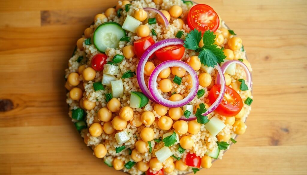 A vibrant quinoa salad, featuring plump, golden chickpeas nestled among the fluffy grains. Crisp vegetables - diced cucumber, cherry tomatoes, and thinly sliced red onion - add color and crunch. Sprinkled with fresh parsley and a drizzle of lemon vinaigrette, the salad radiates a fresh, summery vibe. Captured in natural lighting, the composition is arranged artfully on a wooden table, inviting the viewer to savor its flavor and texture. A clean, minimalist background allows the salad to take center stage, showcasing its simple yet irresistible appeal. A vibrant quinoa salad, featuring plump, golden chickpeas nestled among the fluffy grains. Crisp vegetables - diced cucumber, cherry tomatoes, and thinly sliced red onion - add color and crunch. Sprinkled with fresh parsley and a drizzle of lemon vinaigrette, the salad radiates a fresh, summery vibe. Captured in natural lighting, the composition is arranged artfully on a wooden table, inviting the viewer to savor its flavor and texture. A clean, minimalist background allows the salad to take center stage, showcasing its simple yet irresistible appeal.