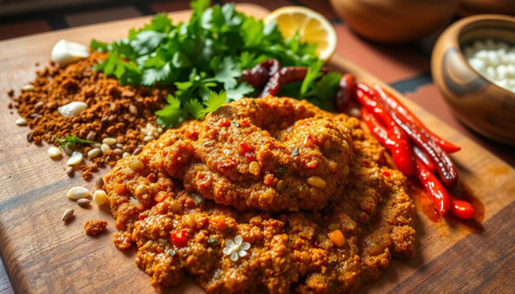 A vibrant, textured chermoula paste glistening under warm, natural lighting. In the foreground, an array of aromatic spices - cumin, paprika, coriander, garlic, and lemon - finely minced and blended into a rich, olive oil-based marinade. The middle ground features a wooden cutting board, worn with age, contrasting the vivid green of freshly chopped parsley and cilantro. Hints of charred chili peppers and toasted fennel seeds add depth and complexity to the savory, fragrant composition. The background evokes a rustic kitchen, with weathered terracotta tiles and a glimpse of earthenware bowls, all contributing to the authentic, Moroccan-inspired atmosphere. A vibrant, textured chermoula paste glistening under warm, natural lighting. In the foreground, an array of aromatic spices - cumin, paprika, coriander, garlic, and lemon - finely minced and blended into a rich, olive oil-based marinade. The middle ground features a wooden cutting board, worn with age, contrasting the vivid green of freshly chopped parsley and cilantro. Hints of charred chili peppers and toasted fennel seeds add depth and complexity to the savory, fragrant composition. The background evokes a rustic kitchen, with weathered terracotta tiles and a glimpse of earthenware bowls, all contributing to the authentic, Moroccan-inspired atmosphere.