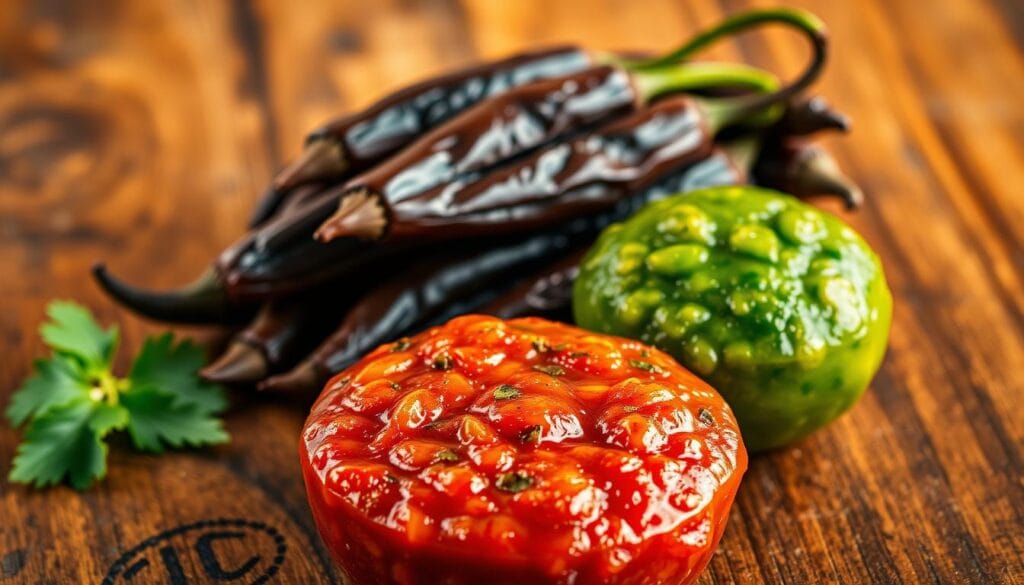 A vibrant trio of authentic Mexican salsas, arranged artfully on a rustic wooden surface. In the foreground, a deep red salsa roja with a tantalizing sheen, flecked with roasted tomatoes, garlic, and smoky chipotle peppers. Beside it, a lush, emerald green salsa verde, its tart tomatillo base infused with fragrant cilantro and zesty lime. In the background, a cluster of dark, wrinkled chipotle chiles, their smoky aroma permeating the scene. Warm lighting casts a golden glow, highlighting the textured surfaces and rich colors. The overall mood is one of rustic elegance, inviting the viewer to imagine the delicious flavors and aromas of a traditional Mexican kitchen.