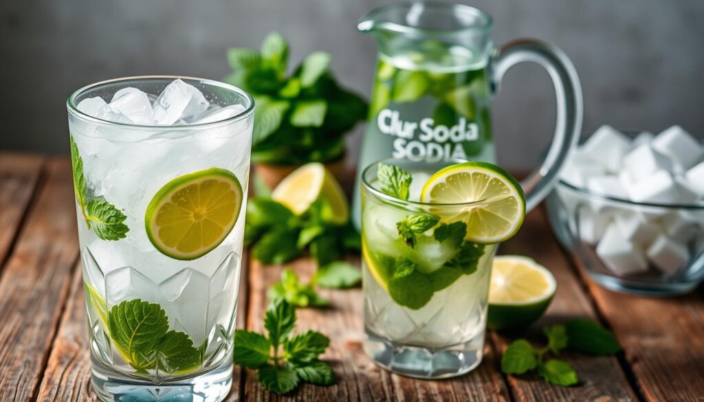 A vibrant virgin mojito preparation on a rustic wooden table, with a close-up view of the ingredients. In the foreground, a glass filled with crushed ice, freshly muddled mint leaves, and a slice of lime. In the middle, a pitcher of clear, sparkling liquid, accompanied by a bundle of fresh mint sprigs and a wedge of lime. In the background, a bottle of club soda and a bowl of white sugar cubes, creating a clean, refreshing atmosphere evocative of a warm summer day. Lighting is natural, soft, and diffused, accentuating the vibrant colors and textures of the ingredients. The camera angle is slightly elevated, providing a clear, unobstructed view of the preparation process. A vibrant virgin mojito preparation on a rustic wooden table, with a close-up view of the ingredients. In the foreground, a glass filled with crushed ice, freshly muddled mint leaves, and a slice of lime. In the middle, a pitcher of clear, sparkling liquid, accompanied by a bundle of fresh mint sprigs and a wedge of lime. In the background, a bottle of club soda and a bowl of white sugar cubes, creating a clean, refreshing atmosphere evocative of a warm summer day. Lighting is natural, soft, and diffused, accentuating the vibrant colors and textures of the ingredients. The camera angle is slightly elevated, providing a clear, unobstructed view of the preparation process.
