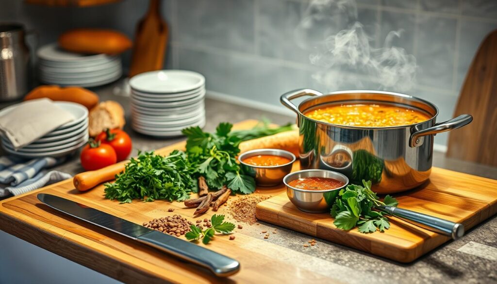 A well-lit kitchen counter with a wooden cutting board, a large pot of steaming lentil soup, and an array of aromatic herbs, spices, and vegetables arranged neatly around it. In the foreground, a chef's knife, ladle, and a small bowl of garnishes, creating a sense of preparation and culinary expertise. The middle ground features a stack of bowls, a crusty bread loaf, and a few kitchen towels, suggesting the final presentation of the dish. The background is softly blurred, allowing the focus to remain on the central elements. The overall mood is one of a cozy, inviting kitchen, where the art of soup-making is celebrated. A well-lit kitchen counter with a wooden cutting board, a large pot of steaming lentil soup, and an array of aromatic herbs, spices, and vegetables arranged neatly around it. In the foreground, a chef's knife, ladle, and a small bowl of garnishes, creating a sense of preparation and culinary expertise. The middle ground features a stack of bowls, a crusty bread loaf, and a few kitchen towels, suggesting the final presentation of the dish. The background is softly blurred, allowing the focus to remain on the central elements. The overall mood is one of a cozy, inviting kitchen, where the art of soup-making is celebrated.