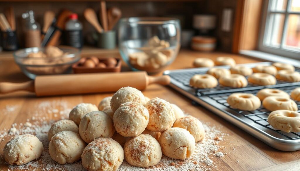 A well-lit kitchen counter with a wooden surface, showcasing the step-by-step process of baking snickerdoodle cookies. In the foreground, a pile of freshly scooped dough balls coated in a cinnamon-sugar mixture, ready to be placed on a baking sheet. In the middle ground, a rolling pin and a bowl of the signature cinnamon-sugar coating. In the background, a mixing bowl with the cookie dough ingredients, along with a few utensils and a baked batch of golden, pillowy soft snickerdoodle cookies on a cooling rack. The scene is captured with a warm, inviting lighting, creating a cozy and comforting atmosphere. A well-lit kitchen counter with a wooden surface, showcasing the step-by-step process of baking snickerdoodle cookies. In the foreground, a pile of freshly scooped dough balls coated in a cinnamon-sugar mixture, ready to be placed on a baking sheet. In the middle ground, a rolling pin and a bowl of the signature cinnamon-sugar coating. In the background, a mixing bowl with the cookie dough ingredients, along with a few utensils and a baked batch of golden, pillowy soft snickerdoodle cookies on a cooling rack. The scene is captured with a warm, inviting lighting, creating a cozy and comforting atmosphere.