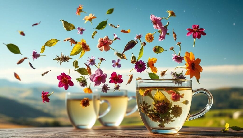 An elegant composition depicting the myths and facts surrounding herbal detox teas. In the foreground, an assortment of vibrant tea leaves and flowers float ethereally, suggesting the restorative properties of natural infusions. The middle ground features translucent glass teacups, their contents swirling with mysterious herbal essences. In the background, a serene landscape of rolling hills and a clear, starry sky sets the calming, introspective mood. Soft, diffused lighting casts a warm, contemplative glow over the entire scene, inviting the viewer to ponder the balance between perceived benefits and scientific realities of herbal detoxification. An image that captures the nuance and complexity of this popular wellness trend. An elegant composition depicting the myths and facts surrounding herbal detox teas. In the foreground, an assortment of vibrant tea leaves and flowers float ethereally, suggesting the restorative properties of natural infusions. The middle ground features translucent glass teacups, their contents swirling with mysterious herbal essences. In the background, a serene landscape of rolling hills and a clear, starry sky sets the calming, introspective mood. Soft, diffused lighting casts a warm, contemplative glow over the entire scene, inviting the viewer to ponder the balance between perceived benefits and scientific realities of herbal detoxification. An image that captures the nuance and complexity of this popular wellness trend.
