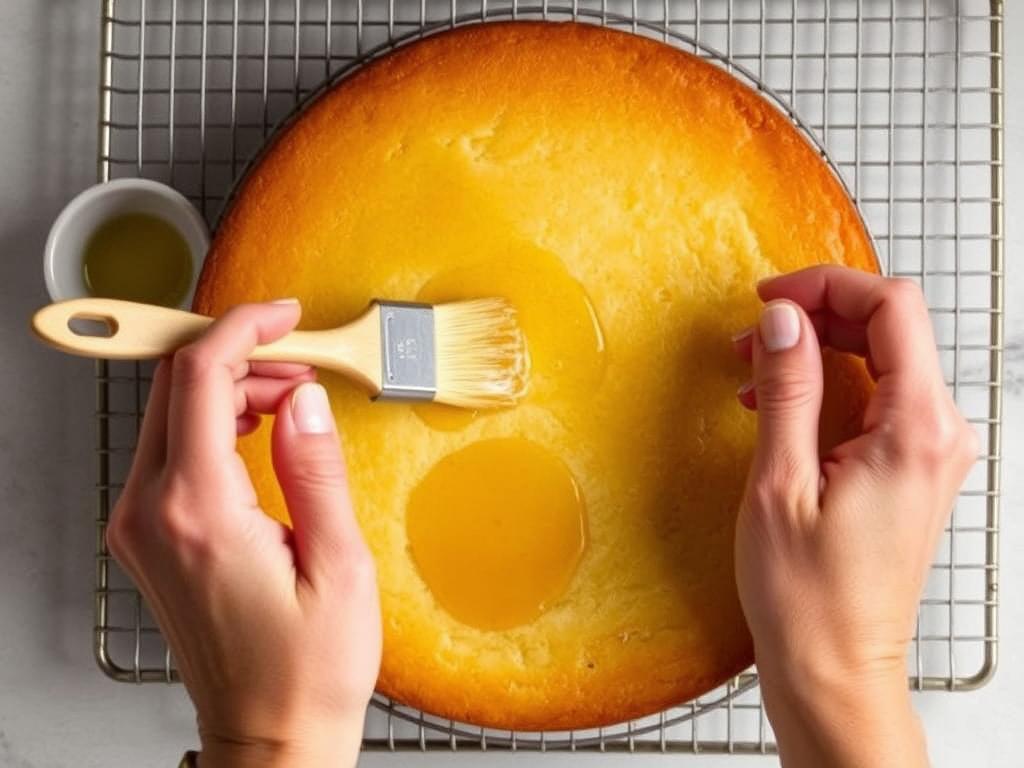Brushing simple syrup on cake layers to add moisture Brushing simple syrup on cake layers to add moisture