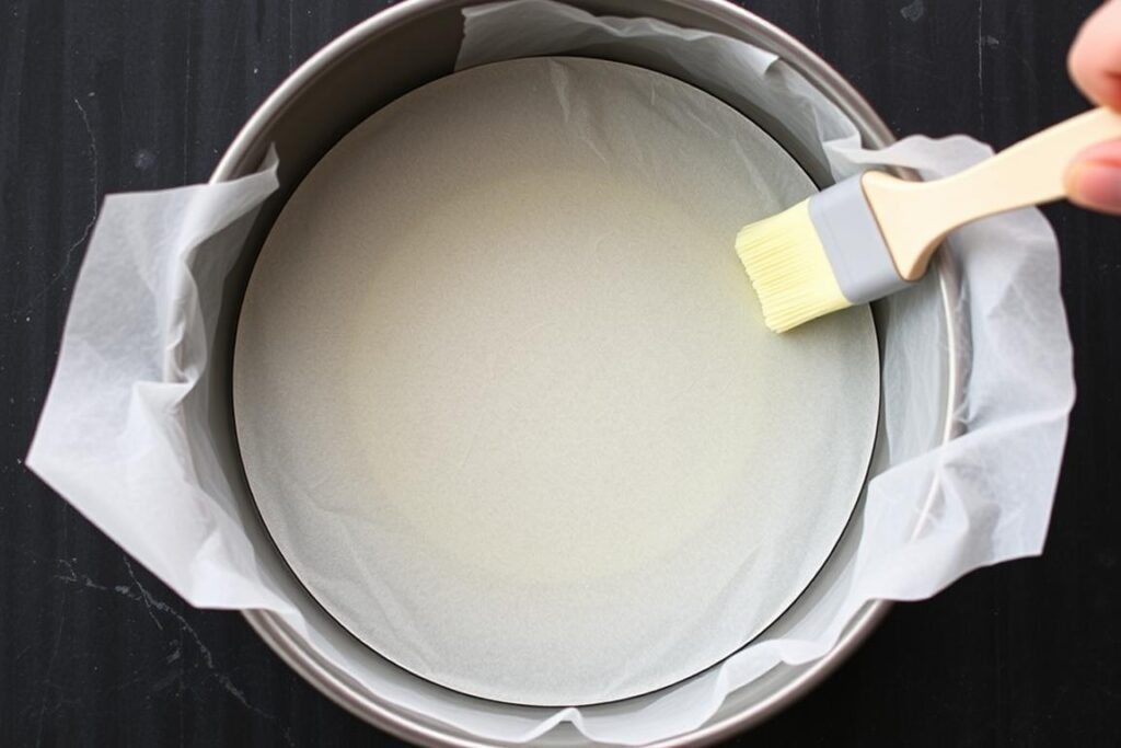 Cake pan lined with parchment paper and greased for easy release Cake pan lined with parchment paper and greased for easy release