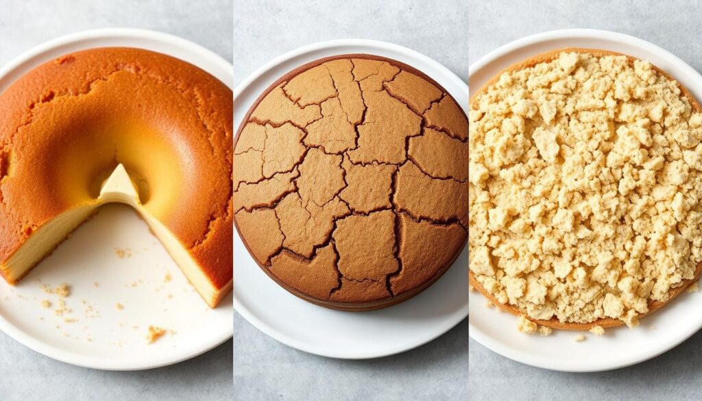 Comparison of common cake problems: sunken, cracked, and dry cakes Comparison of common cake problems: sunken, cracked, and dry cakes