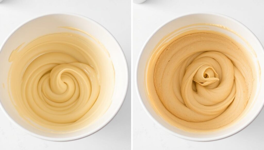 Comparison of properly mixed cake batter versus overmixed batter Comparison of properly mixed cake batter versus overmixed batter