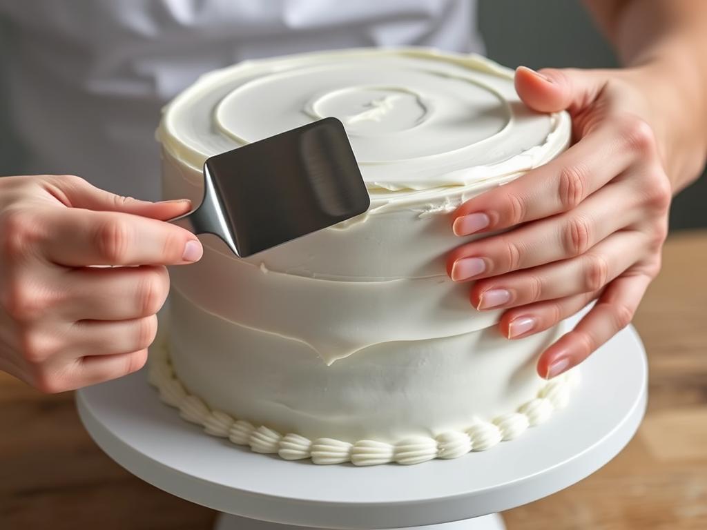 Hands smoothing frosting on a cake with an offset spatula Hands smoothing frosting on a cake with an offset spatula