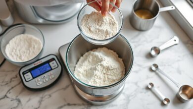 Kitchen scale measuring flour for cake baking with measuring cups nearby