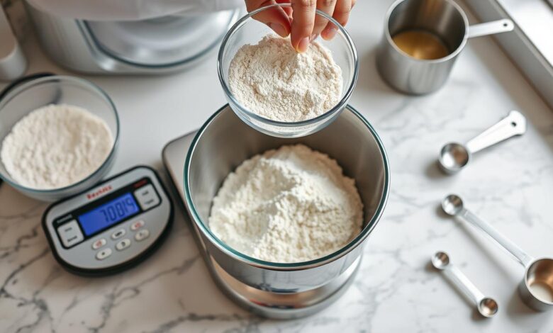 Kitchen scale measuring flour for cake baking with measuring cups nearby