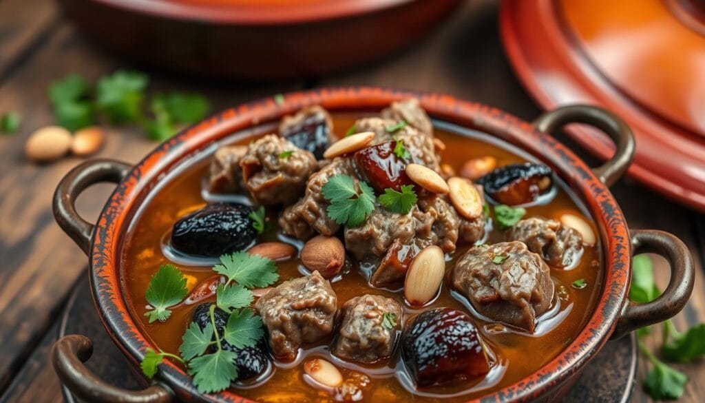 Lamb tagine with fragrant saffron-infused broth, tender chunks of lamb, plump prunes, roasted almonds, and a garnish of fresh cilantro. The tagine dish is set atop a rustic wooden table, with a warm, inviting lighting illuminating the rich, earthy tones of the dish. The composition features a close-up, high-angle view, capturing the layers of flavors and textures. The background is slightly blurred, drawing the focus towards the beautifully presented lamb tagine in the center of the frame.