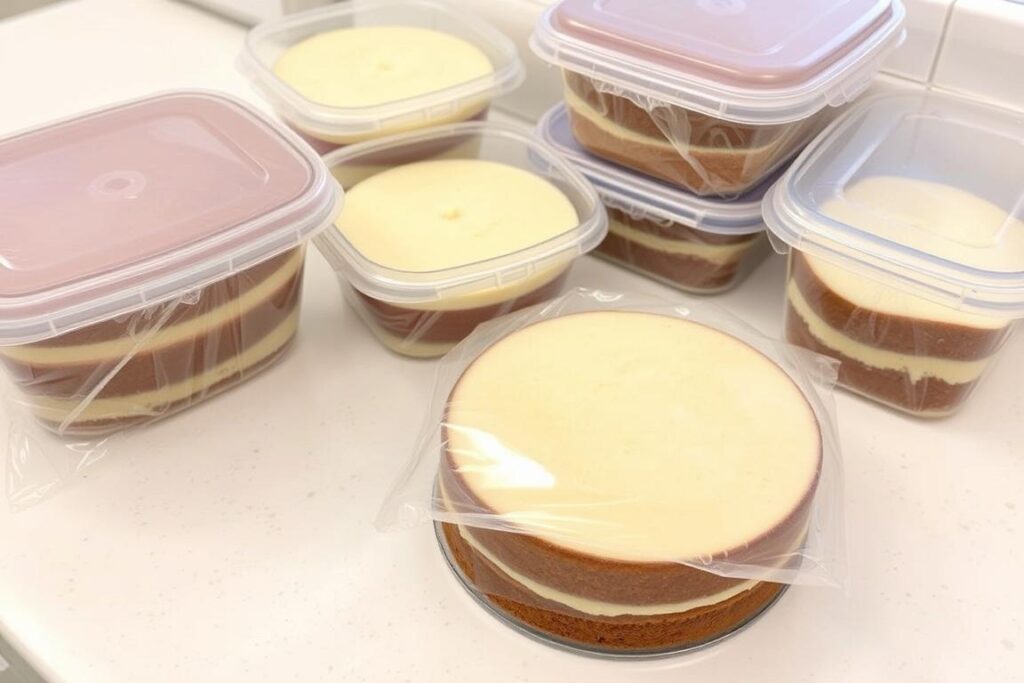 Properly wrapped cake layers being stored for freshness Properly wrapped cake layers being stored for freshness