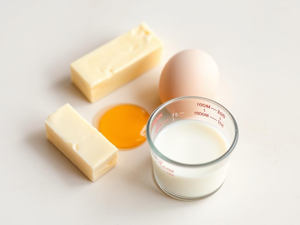 Room temperature butter, eggs, and milk for cake baking Room temperature butter, eggs, and milk for cake baking