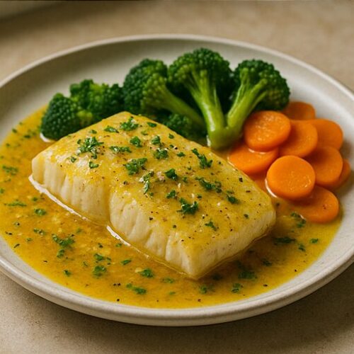 Baked cod with saffron lemon sauce — finished dish