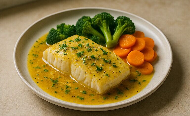 Baked cod with saffron lemon sauce — finished dish
