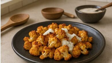 Crispy cauliflower with tahini yogurt sauce — finished dish