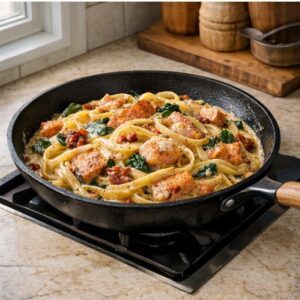 creamy tuscan salmon pasta — finished dish