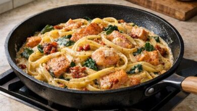 creamy tuscan salmon pasta — finished dish