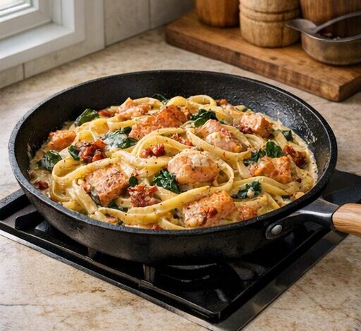 creamy tuscan salmon pasta — finished dish